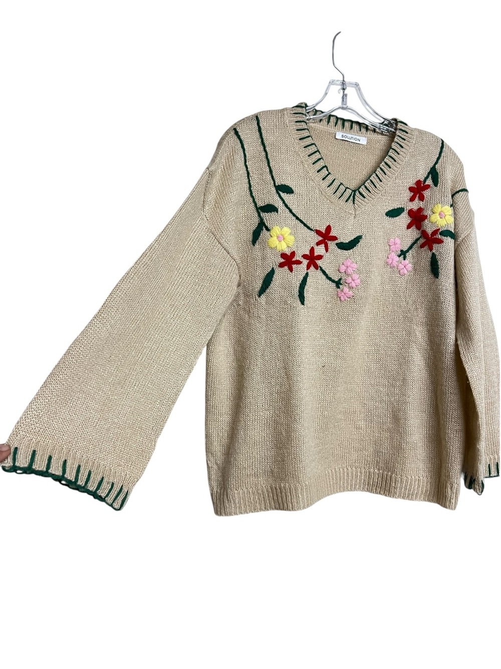 Floral Embroidered V-Neck Flare Sleeves Sweater Fairy Boho Cottagecore